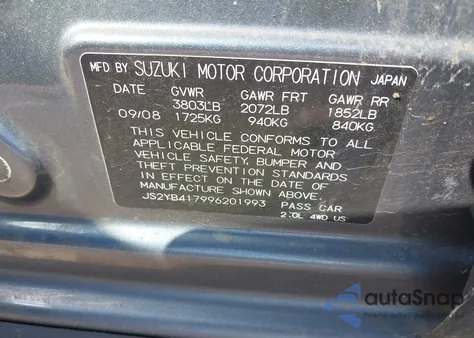 2009 Suzuki Sx4 Touring z USA, uszkodzony, nr VIN JS2YB417996201993